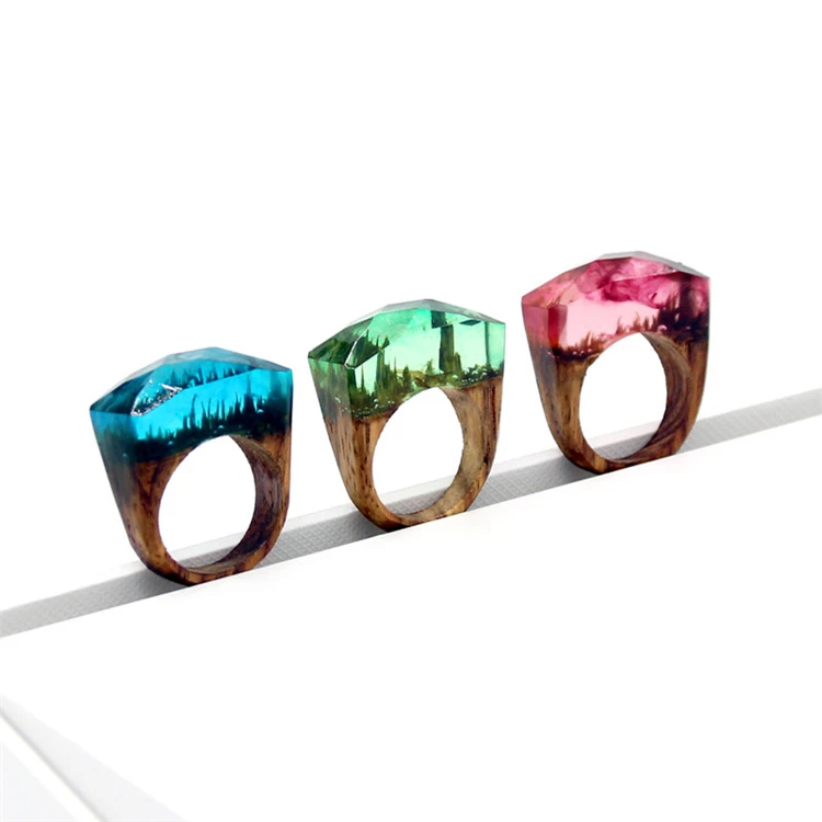 

Unique Handmade Creative Magic Forest Landscape Rings Jewelry Colourful Round Vintage Wooden Resin Ring, Picture shows