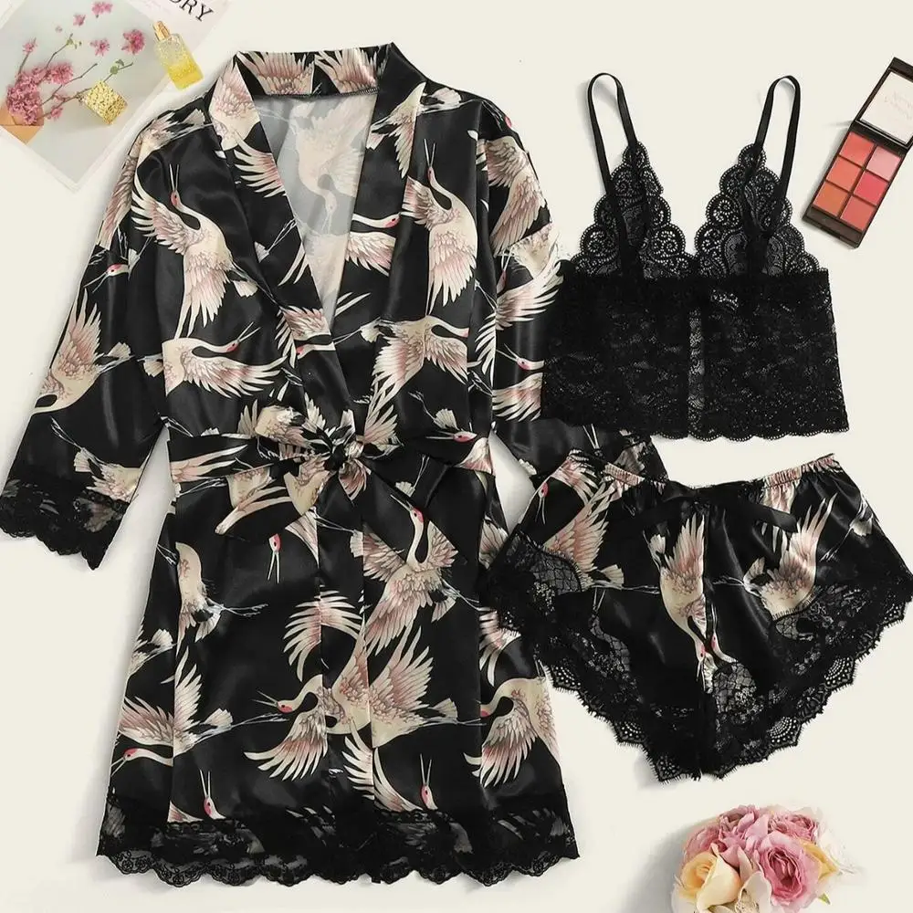 

3 pcs lace camis lingerie with robe set nightwear satin pajamas