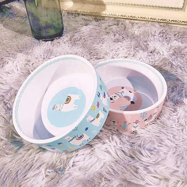 

Cartoon Animals Alpaca Print Round Ceramic Pet Bowl Dog Pot Pet Drinking Bowl, Blue pink