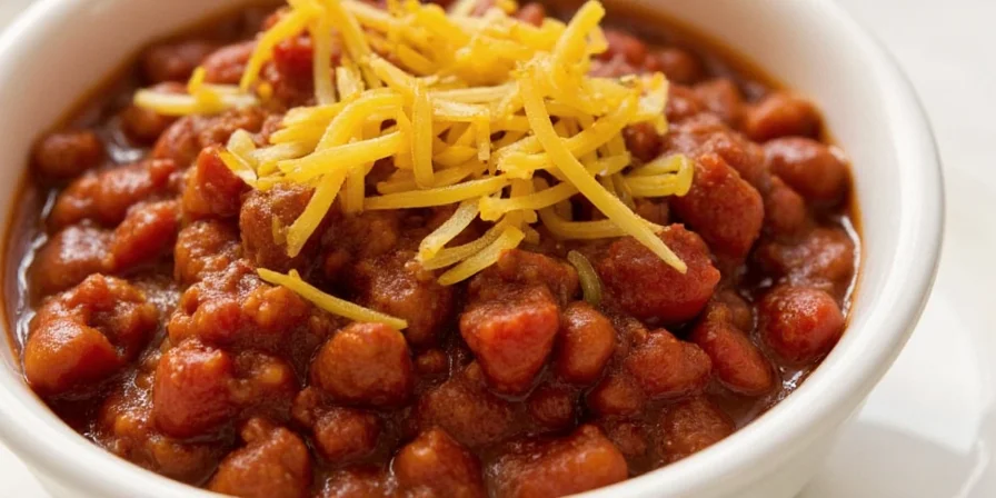 Close-up of Texas-style chili with beef chunks and red sauce