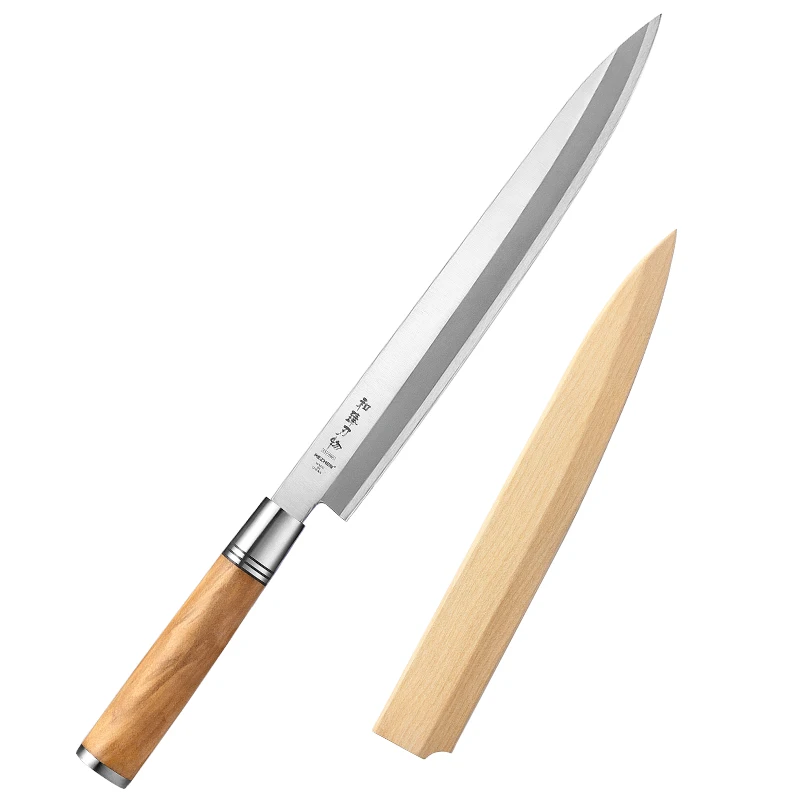 

XINZUO Hot Sale Olive Wood Handle Professional Kitchen Sakimaru Japanese Sashimi Knife Sushi Knives with wooden sheath