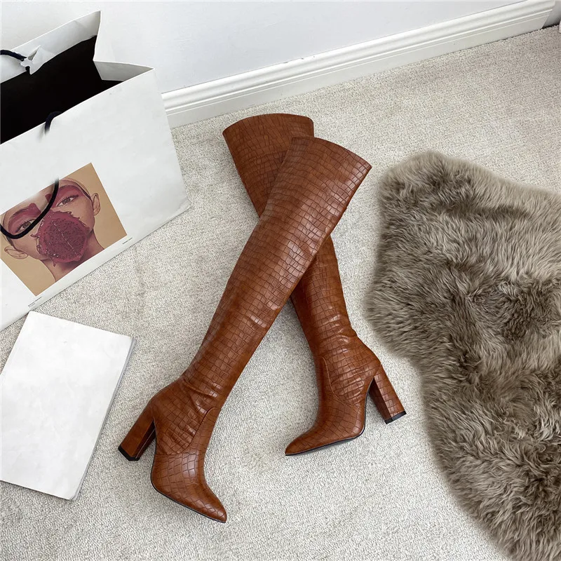 

Embossed Women High Heel Boots Designer Chunky Heel Shoes Microfiber Leather Long Boots Over the Knee Botas Women's Shoes