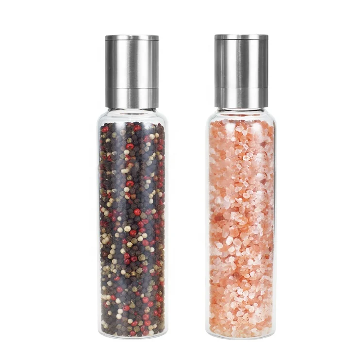 

Stainless Steel Top and Ceramic core Cylinder Salt Pepper Spice Mill Set with 165ml Borosilicate Glass Jar