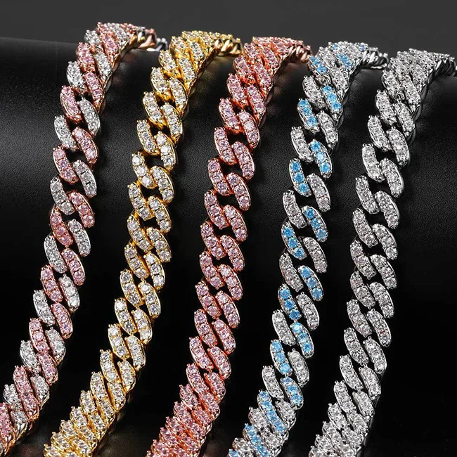 

9mm gold chain hip hop men iced out cuban link chain bling rhinestone bracelet necklace women jewelry, Steel/gold/rose gold color