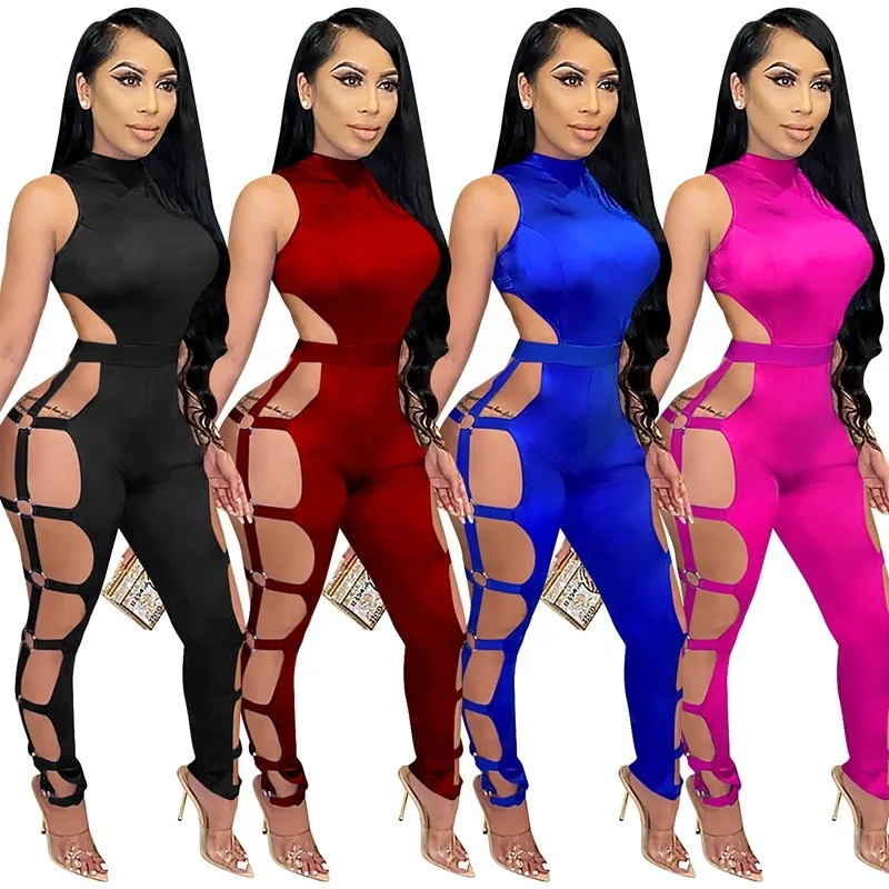 

2020 Women Sexy Cutout turtleneck Jumpsuits Club Wear One Piece Fall Jumpsuits, Black, red,blue,rose