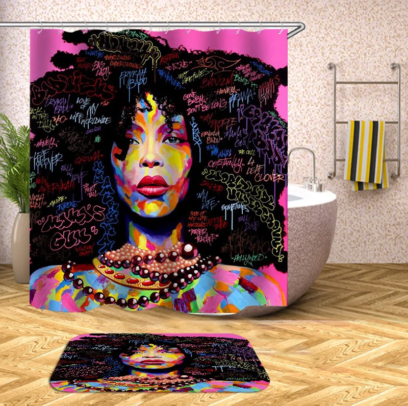 2019 Printed Polyester Waterproof Black Girl Shower Curtains Sets For
