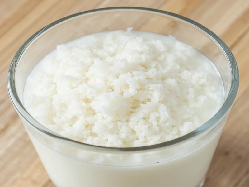 Healthy white kefir grains fermenting in glass jar of raw milk