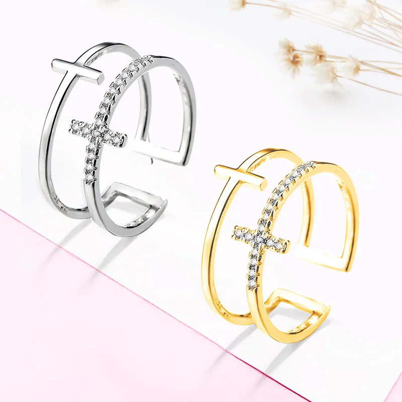 

Hotsale Style Open Cuff Cross Finger Rings Adjustable Gold Silver Crystal Double Cross Ring For Women
