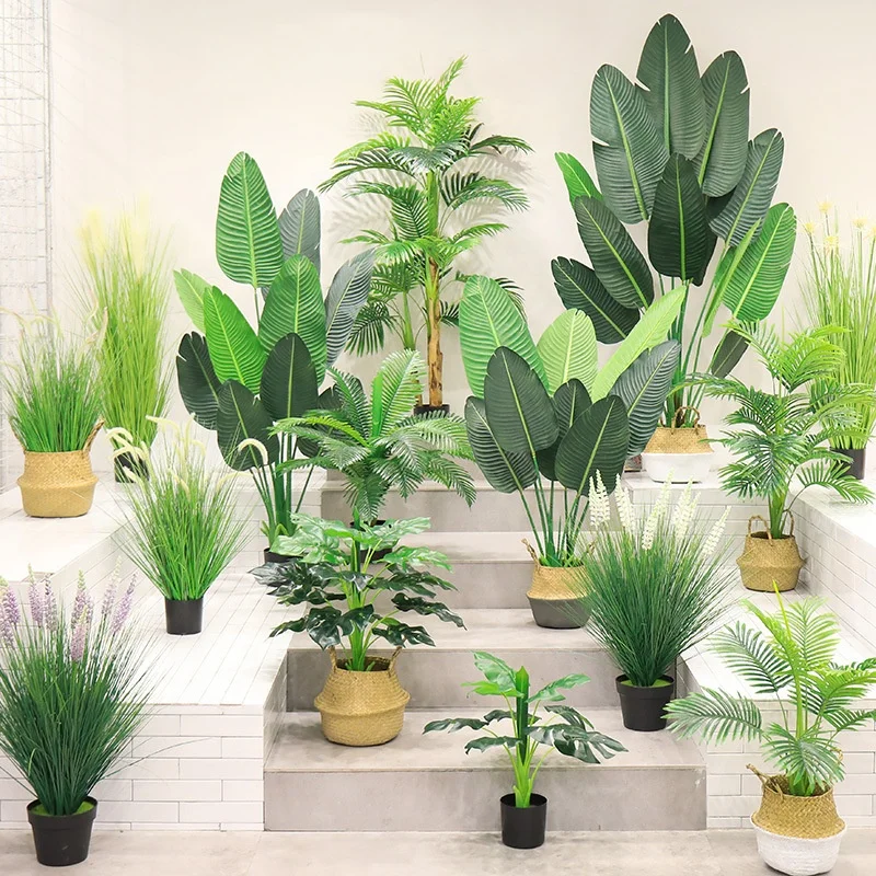 

W06186 Mini Indoor Plastic Artificial Monstera Decorative Greenery Bonsai Palm Tree Plant Potted for Sale, Customized