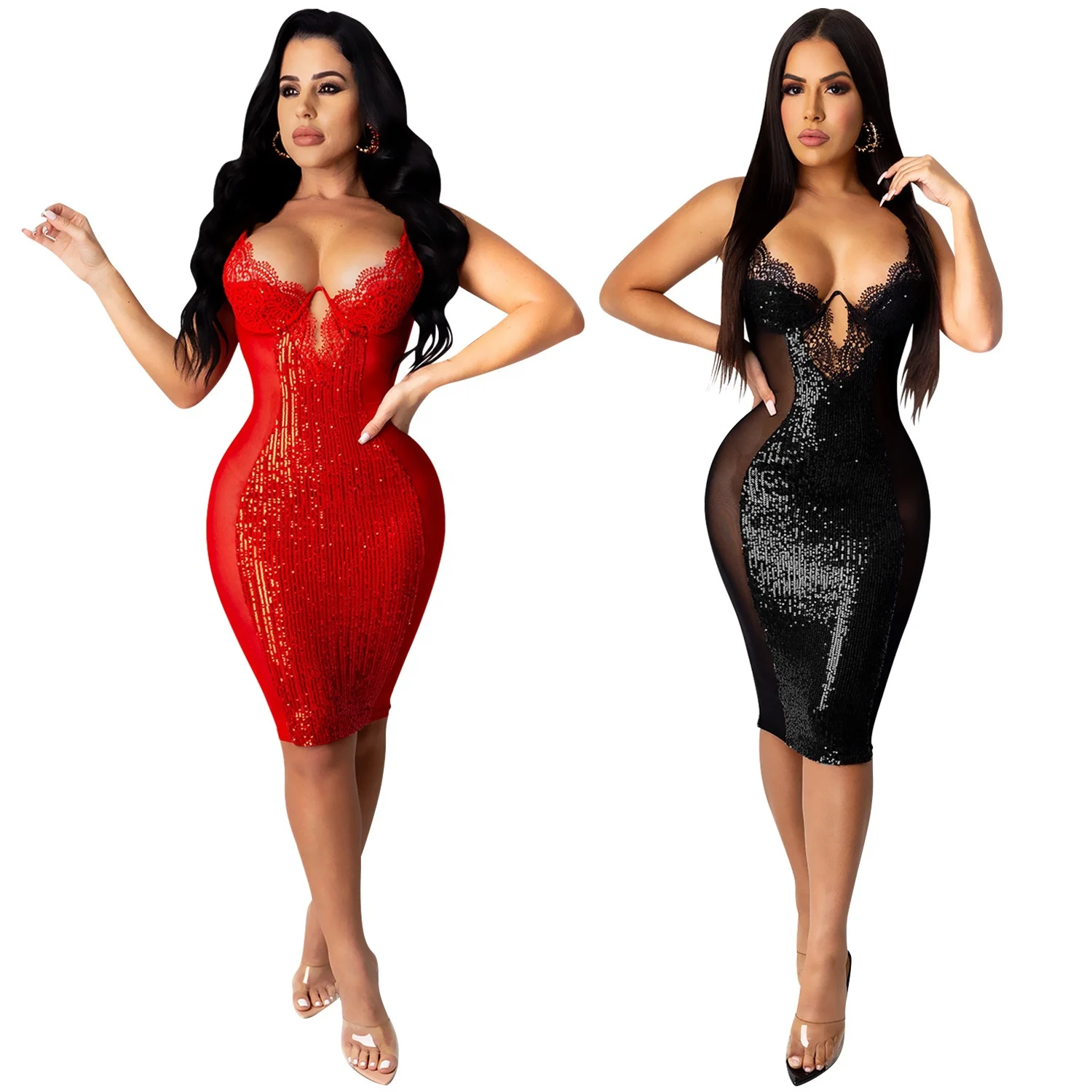 

2021 European and American new women's clothes sexy suspender dress sequined lace ladies fashion, Red, black