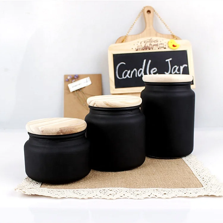 

Recycled matte frost black glass candle holder candle jars with wooden lid 300ml 500ml 700ml, Clear transparent
