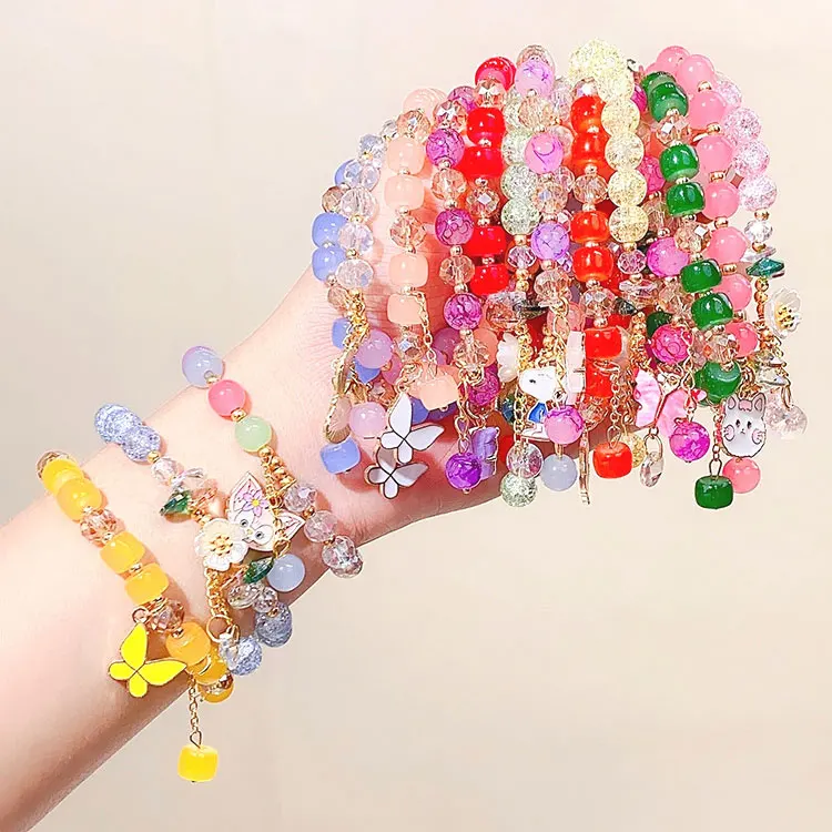 

SC Wholesale Colorful Popping Crystal Beads Bracelets Kids Princess Cartoon Butterfly Rabbit Cat Charm Bracelets for Teen Girls