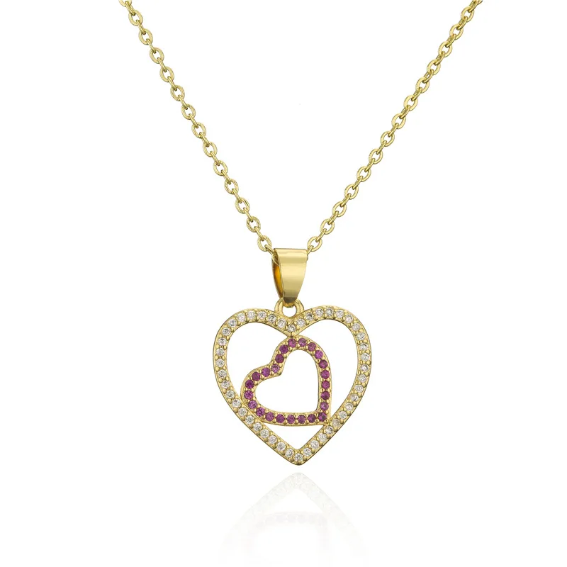 

Fashion 18k gold plated cubic zirconia double heart necklace women