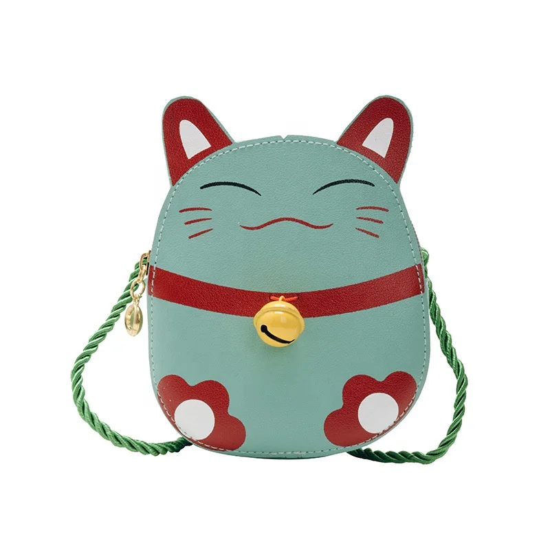 

New children's coin purse cartoon cute lucky cat messenger small bag, Yellow,white,beige,green,pink