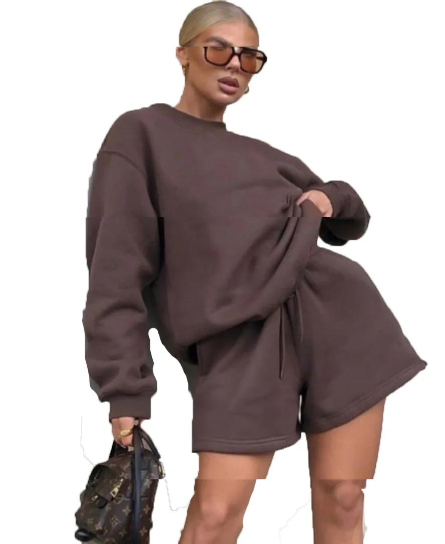 

Wholesale Fashion Girls Custom Logo Solid Color Casual Hoodies Round Neck Loose Suit Sweater Women Shorts Clothing