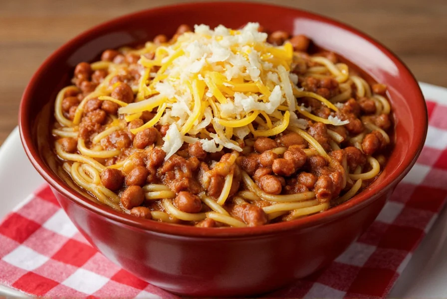 Authentic Cincinnati chili 5-way served in a traditional bowl with spaghetti, chili, beans, cheese, onions, and crackers