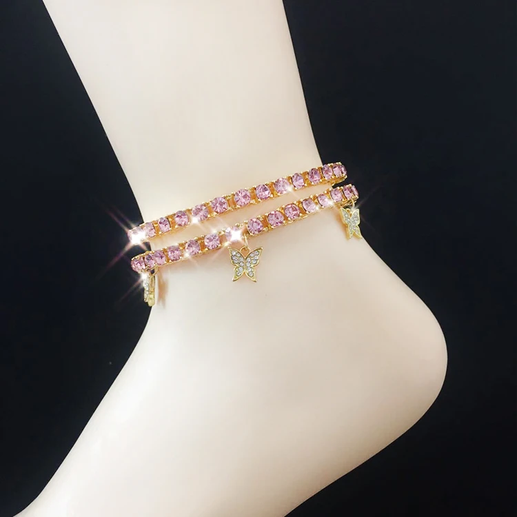 

New Drop Shipping Arrival Cubic Zirconia Anklet Charm Pink Diamond Butterfly Anklet For Women