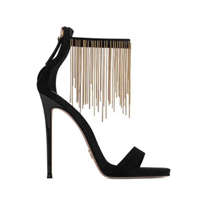 

High Quality Handmade Gold Chains Tassels Black Suede Thin Heels Women Large Size Ladies Shoes Sandals, Gold/silver