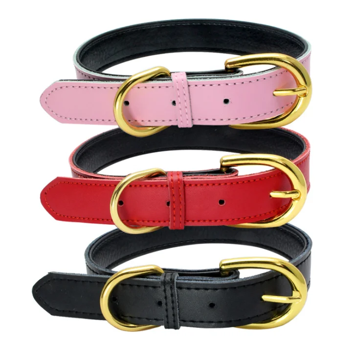 

Factory wholesale eco-friendly high quality luxury solid colorful genuine leather dog collar, Blue/black/white/red/purple/yellow/green/brown/pink/rose red/dark blue