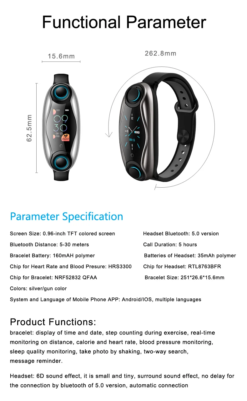 T90 Waterproof BT Headset Earbud Smart Bracelet Sports Watch App Remote Photograph Hand Band - ANKUX.COM