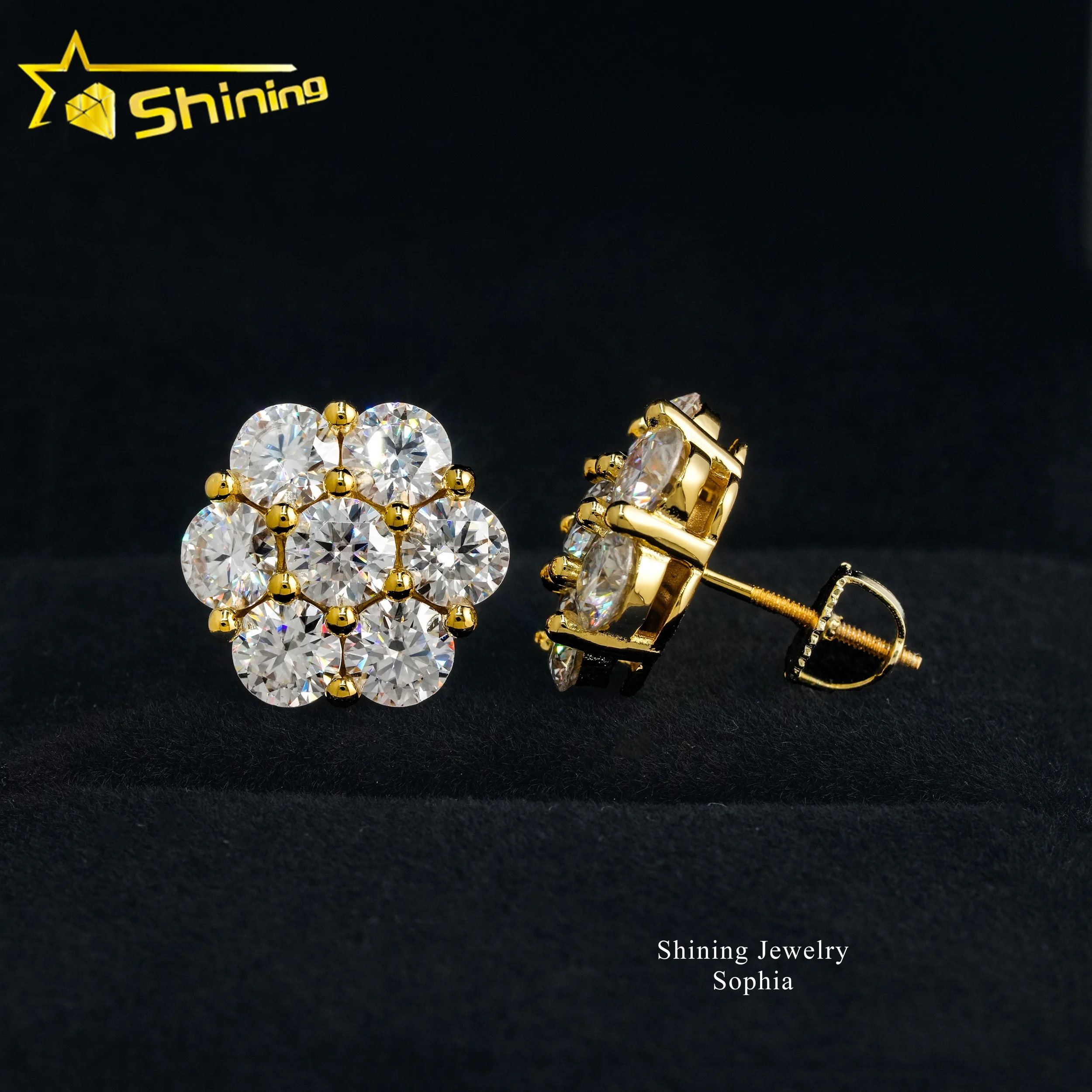 Shining Hot Top Selling Pass Diamond Tester Fine Jewelry 925 Silver 8mm 12mm 15mm Flower Earrings VVS Moissanite Stud Earrings