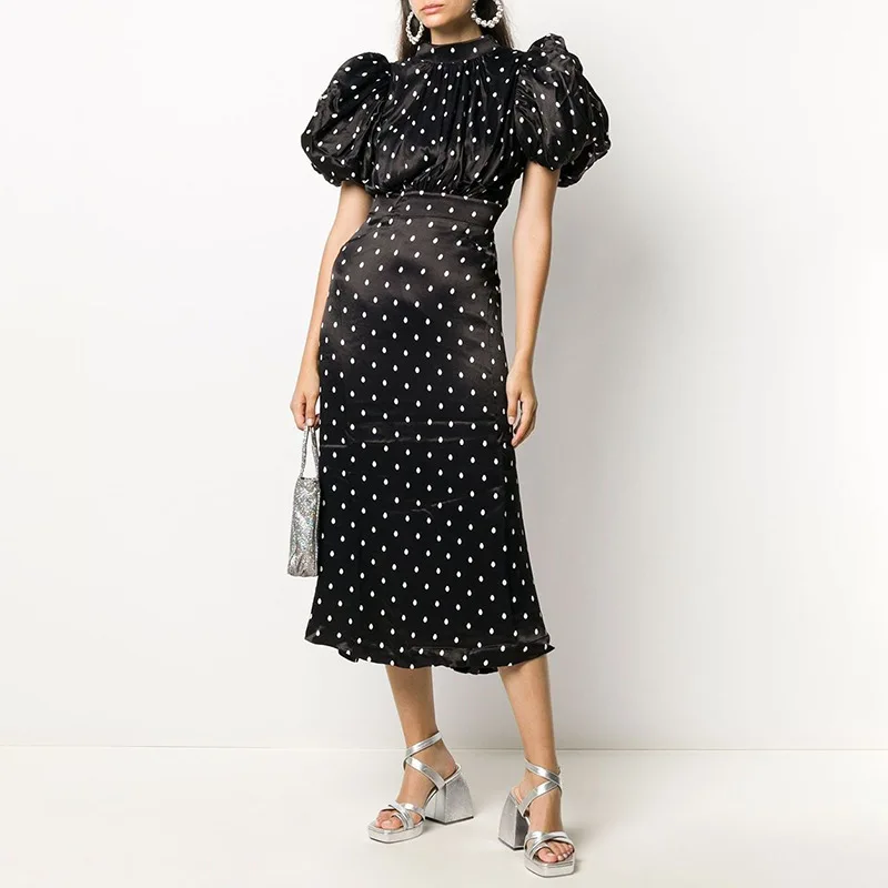 

2021 spring and summer new stand-up collar puff sleeve printed polka-dot waist thinner open back women's dress, Black