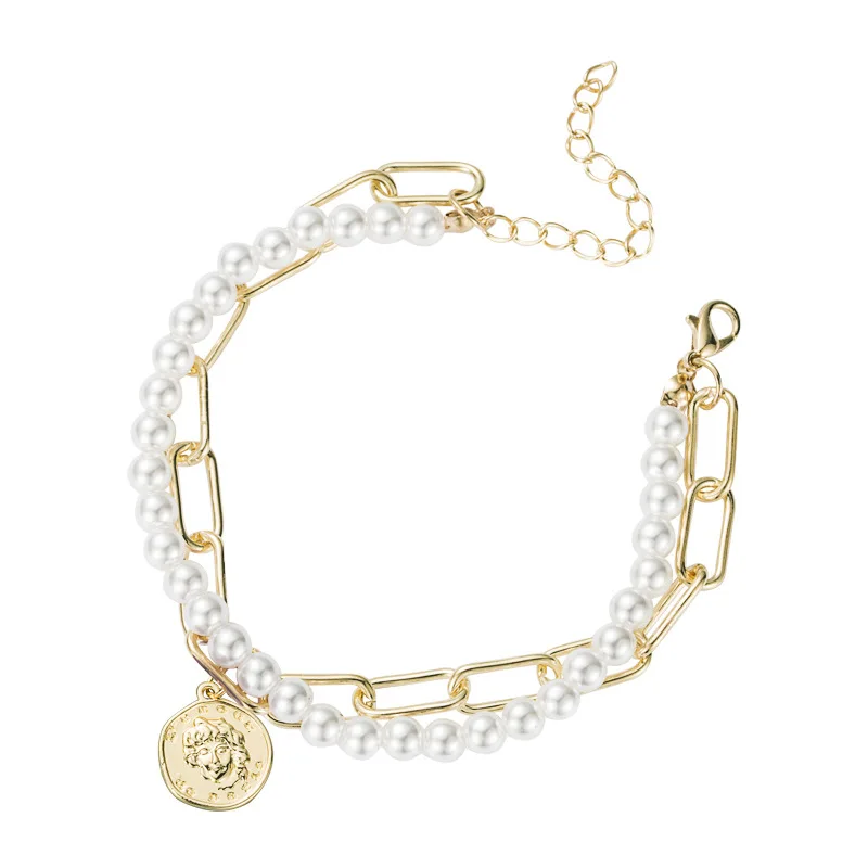 

Multi Layers Imitation Pearl Paperclip Chain Link Bracelet 18k Gold Portrait Coin Charm Bracelet, As picture