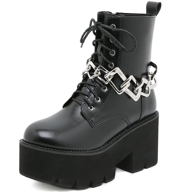 

Dropshipping Custom Logo Patent Leather Gothic Black Boots Women Chunky Heel Platform Female Punk Style Boots