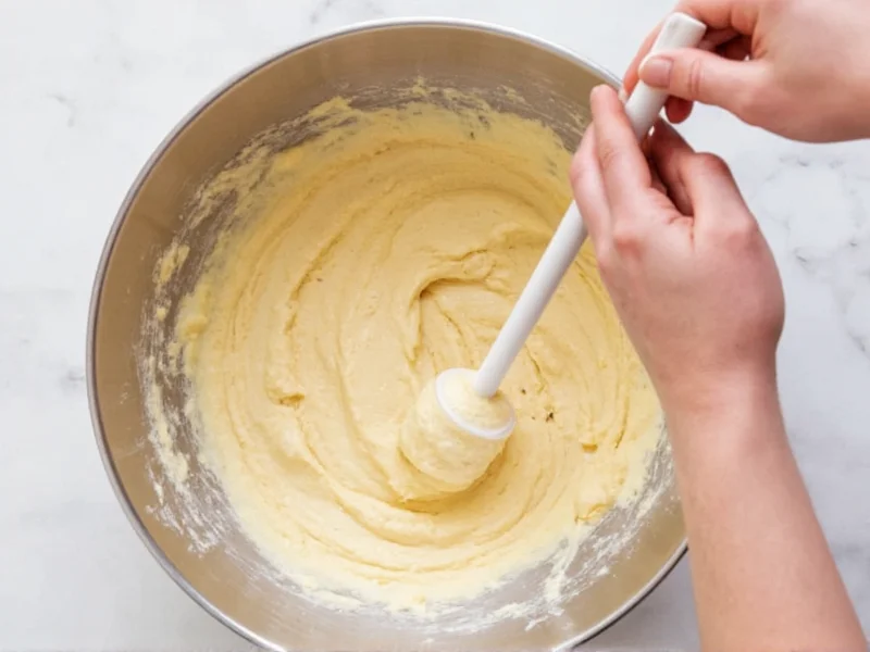 Hand folding cupcake batter with rubber spatula in mixing bowl