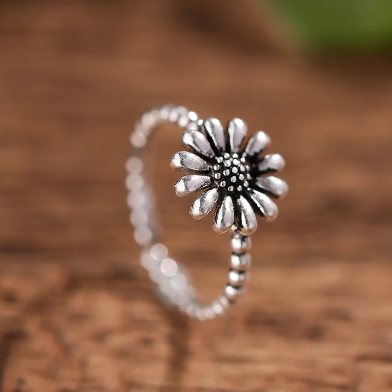 

925 sterling silver opening ring sunflower retro simple female flower ring sterling silver jewelry wholesale