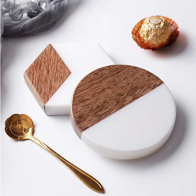 

Marble coaster round spliced wooden coaster coffee heat insulation European and American fashion furnishings home accessories