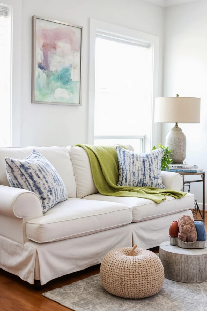 Cozy living room with decorated back of sofa