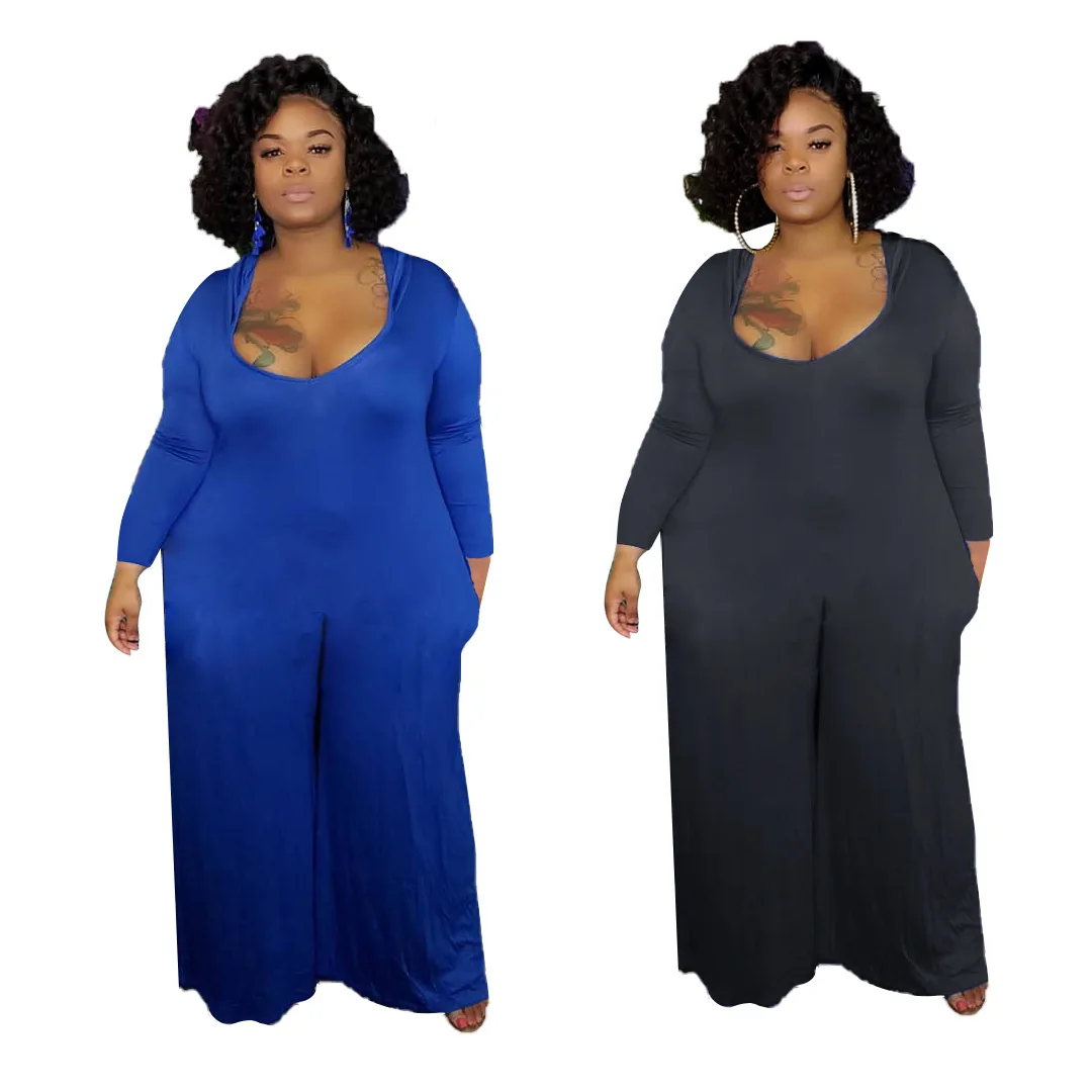 

F22272A Hot Sale Solid Color Long Sleeve Loose Women's Plus Size Jumpsuits, Blue,black