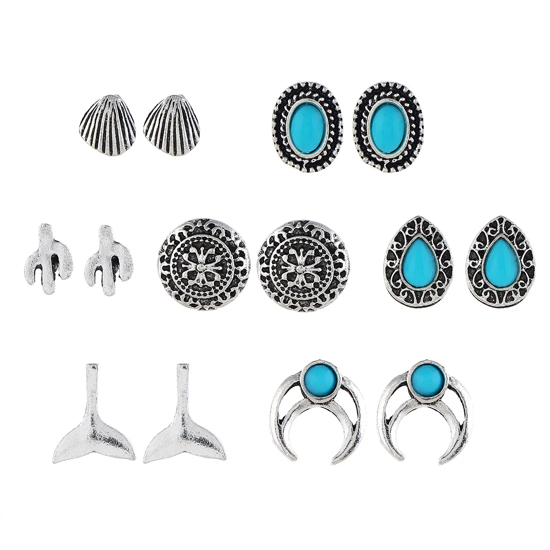 

Fashion Silver Vintage Earrings Set Heart Shell Turquoise Stud Earrings For Women Wholesale