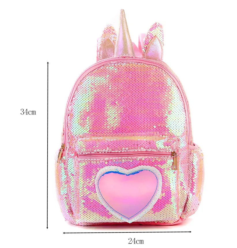 New Cute Unicorn Sequined Polyester Backpack Girls Heart Shaped Pattern ...