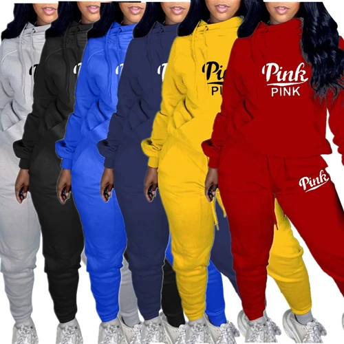 

Pink Women's Fitness Tracksuit set Hoodies 2 Piece pants Set logo custom women two piece sweat suit woman jogging outfit, Picture