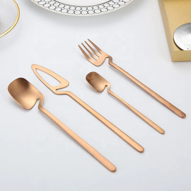 

New Design 304 Stainless Steel Korean Gold Steak Knife Fork Spoon Hanging Cup Western Flatware Set, Rose gold + gold + silver + black + colorful