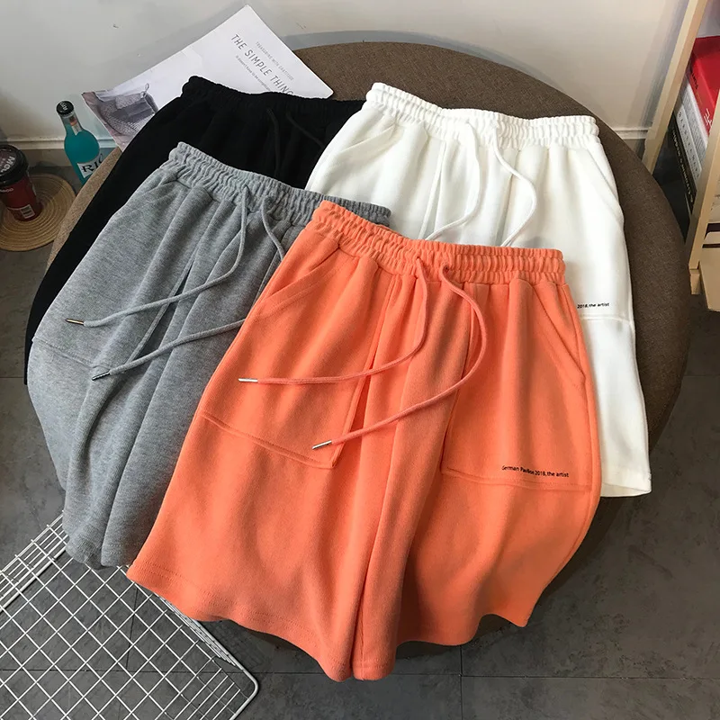 

Women Girls Shorts Drawstring Elastic Waist Letter Printed Summer Pockets Half Solid Color Sports Beach Loose Casual Fifth Pants