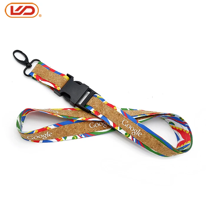 Eco friendly google printed plastic buckles clip accessories strings round cord neck lanyard cork straps