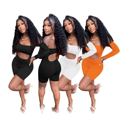 

2021 New Design Sexy Strapless Hollow Out Bodysuits For Women Backless Single Sleeve Short Bodycon Jumpsuit