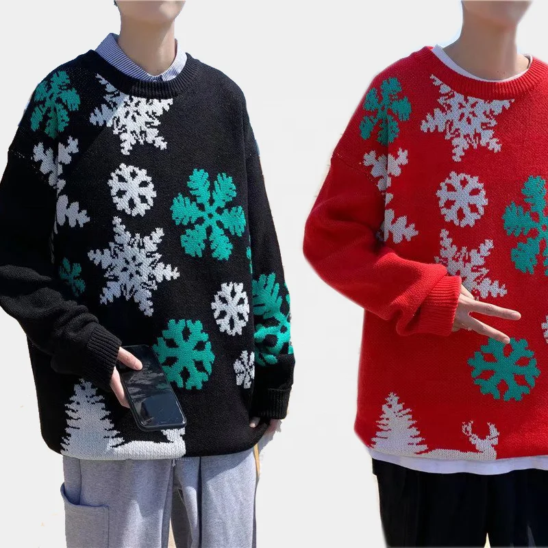 

2021 New jacquard knit sweater men long sleeve O neck snow pattern red oversize pullover designer winter sweaters men Christmas