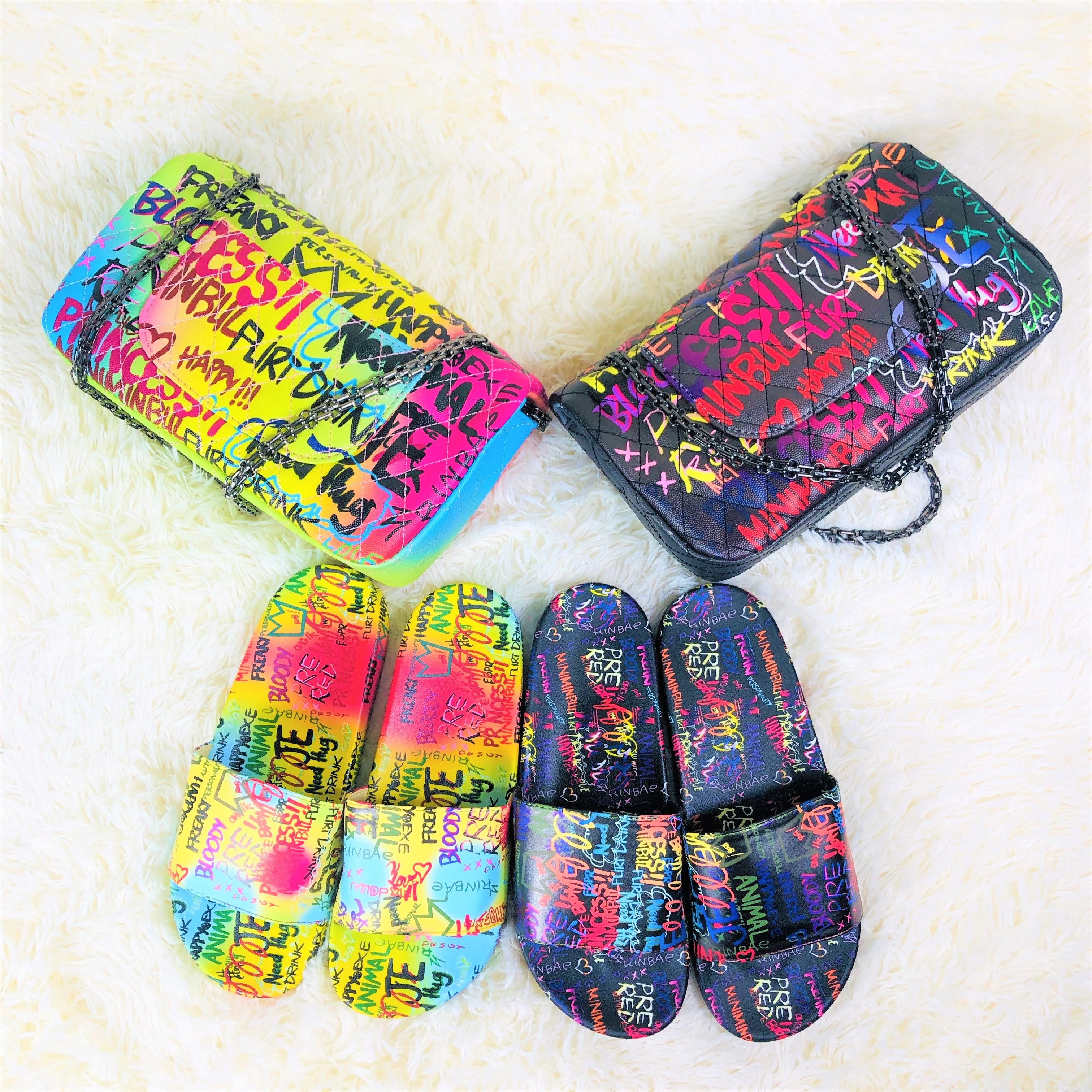 

Dropshipping Letter Graffiti Bags Crossbody Purses And Handbags Luxury Women Hand Bags Match Slippers And Graffiti Handbag, 2 color