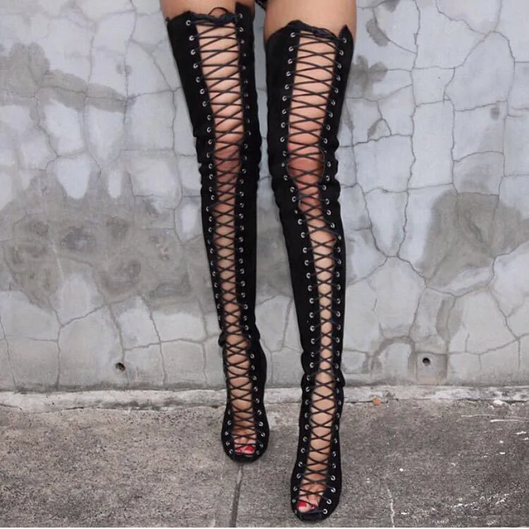 

Hot sale new style super high heel fashion strap over knee boots for autumn and winter, Black, apricot or customized