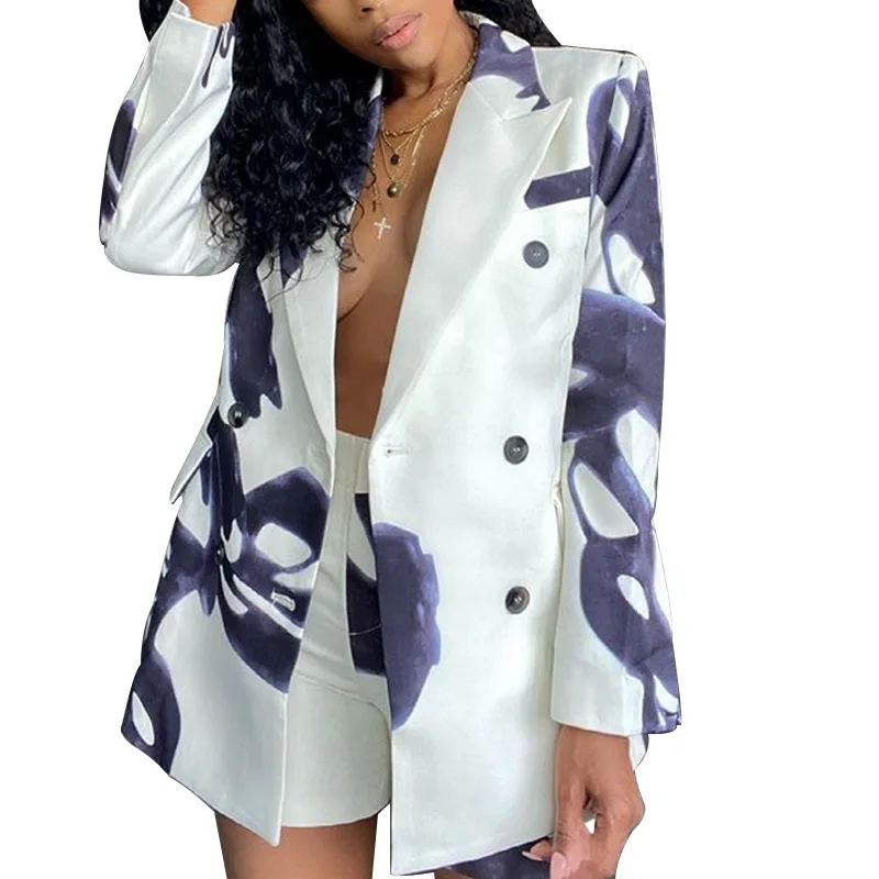 

2021 Autumn Single Breasted White Blazer Jacket with Matching Shorts for Women 2 Piece Sets Stylish Custom Print Tuxedo Suit