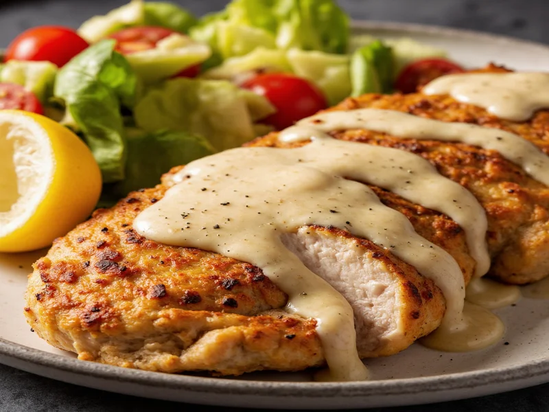 Caesar dressing drizzled over grilled chicken