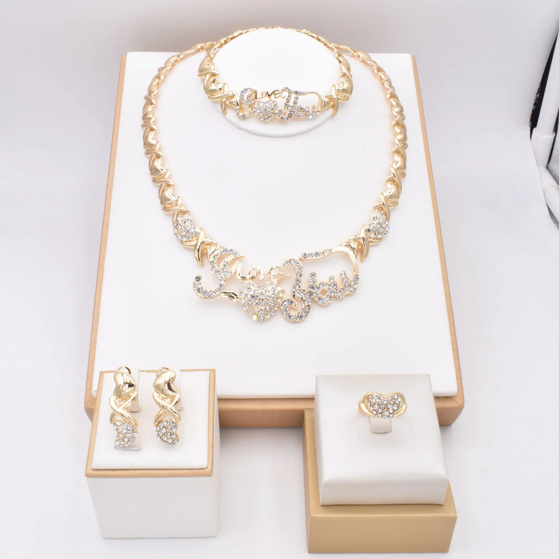 

High Quality party Jewelry Sets For Wedding Dubai Gold Plated Fashion Crystal I Love You XoXo Necklace Earrings set NT0177, Gold color