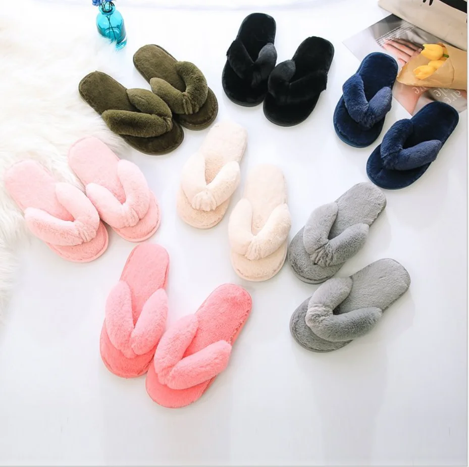 

Wholesale Winter Warm Women Home Shoes Plush Slippers Ladies Comfort Indoor Bedroom Soft faux Fur Furry Sandal Flip Flops, Black,pink, blue,peach,beige,green,grey