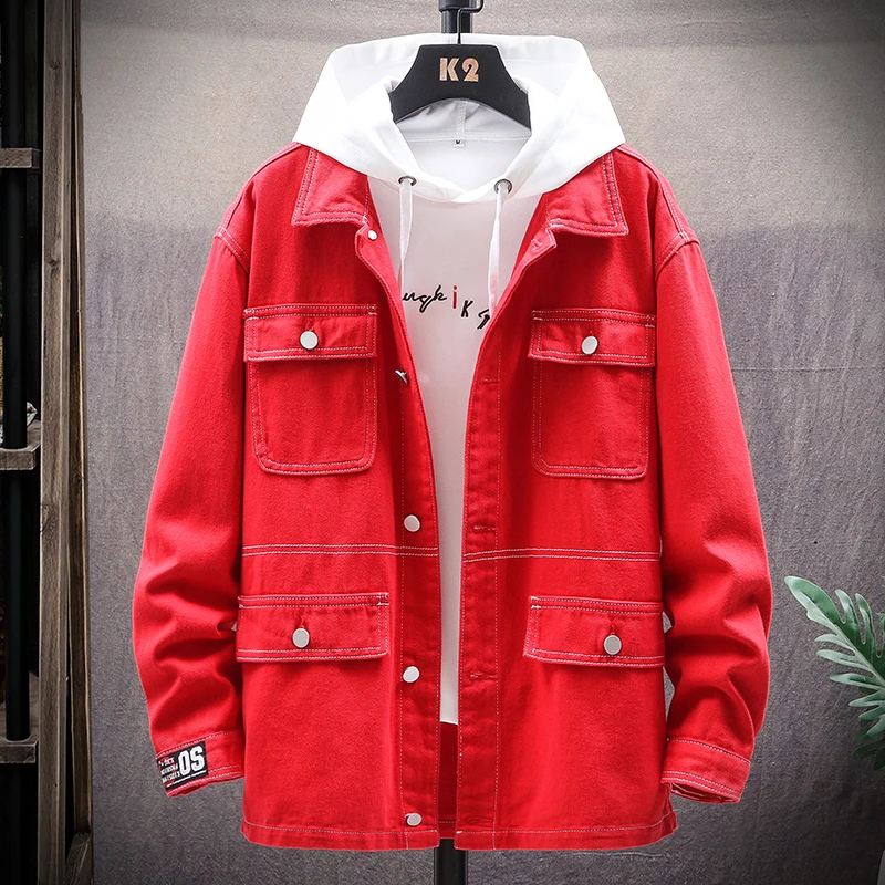 red colour denim jacket