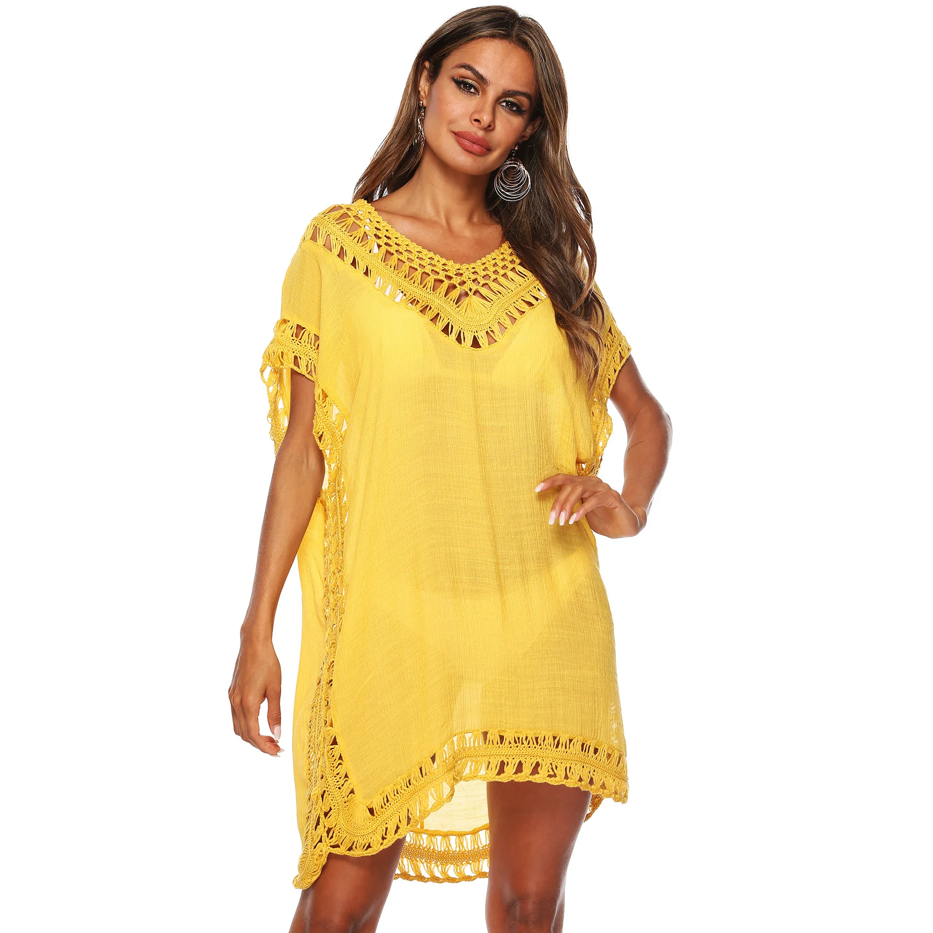

European and American V-neck crochet stitching hollow loose beach bikini blouse dress