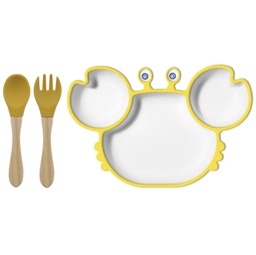 

Baby Feeding Bowl Spoon and Fork Kids Silicone Tableware Crab Infant Self Feeding Bowl With Suctioion Set